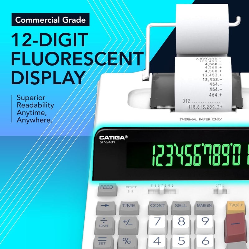 CATIGA آلة حاسبة حرارية بطباعة 12 رقم مع طباعة شريط، آلة جمع بدون حبر، أسرع 5 مرات وهادئة بسرعة 8.0 خطوط في الثانية، شاشة فلورية كبيرة جداً، حساب الضرائب مع ساعة وتاريخ، SP-2401 - Image 3